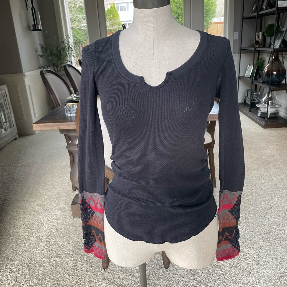 Free People Women's Black Long Sleeve Top with Colorful Cuffs